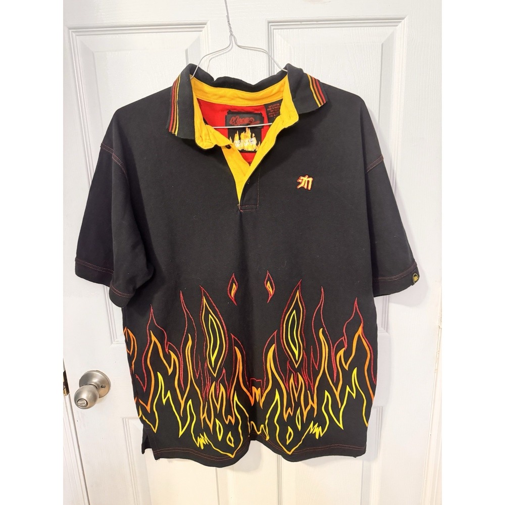 Vintage Mecca Men's Embroidered Flame Black polo Shirt XL y2K Streetwear Fire
